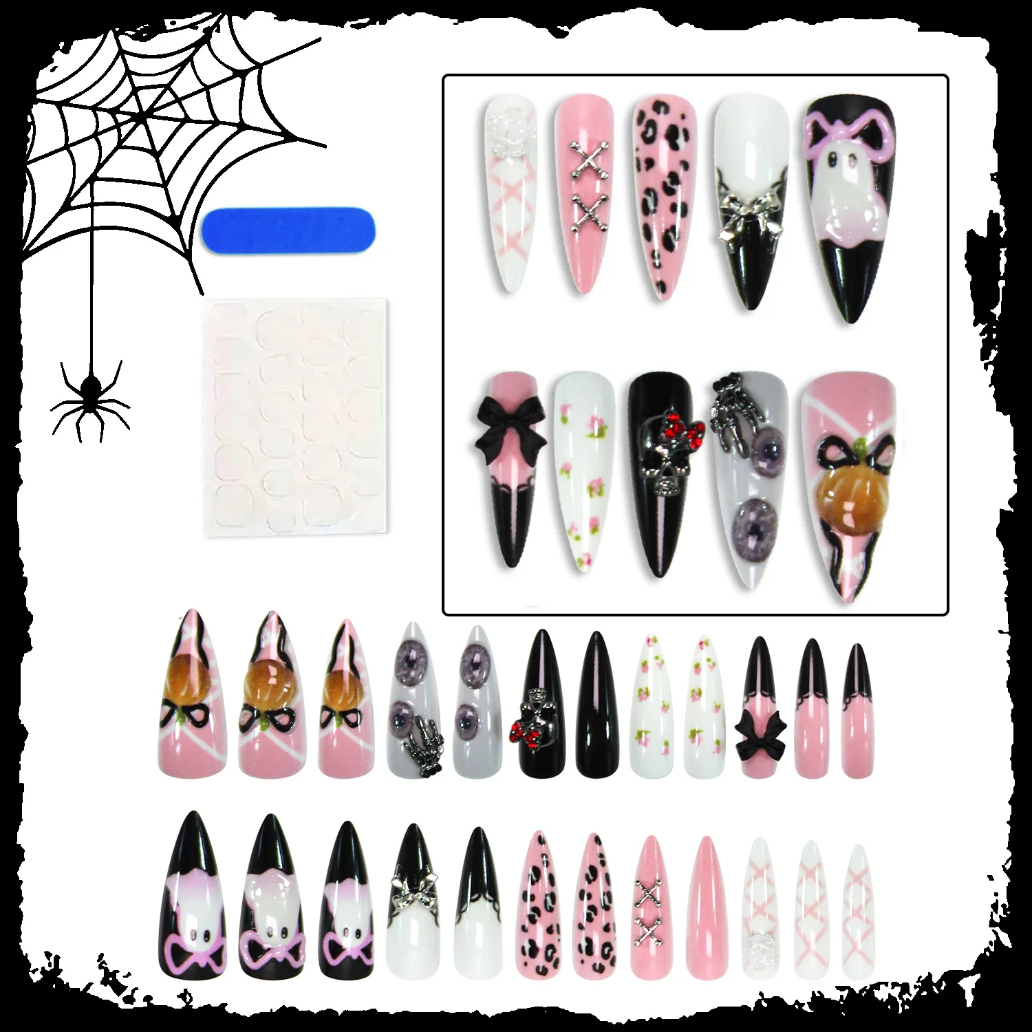 24枚入り ハロウィン ロングスティレット つけ爪 ピンク ブラック フレンチ パンクスタイル フェイクネイル キュート ゴースト リボン スパイシーガール プレスオンネイル