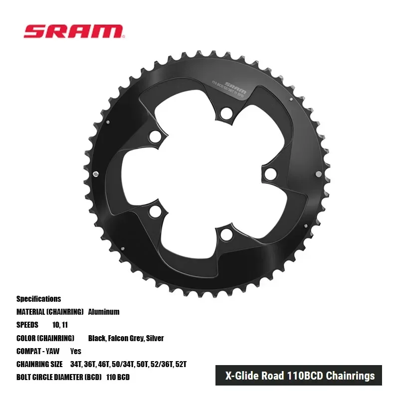 SRAM X-Glide Road 110BCD Chainrings 11SPEED CHAINRING SIZE 34T, 36T, 46T, 50/34T, 50T, 52/36T, 52T