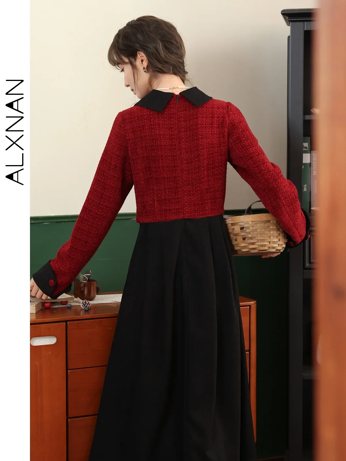 ALXNAN Fake Two Piece Dresses for Women Elegant Tweed A-line Patchwork Lapel Collar Long Sleeve Dress 2024 Fall Winter LXN329109