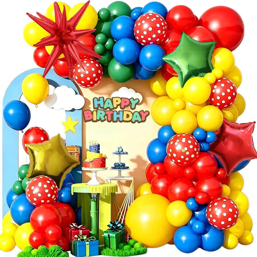 106-teiliges Ballondekorations-Set, einschließlich roter Exploding-Star-Ballons, roter, blauer, gelber und grüner Latexballon-Bogen-Girlande, 3 Stern-Folienballons, Geburtstagsbanner, erhältlich in verschiedenen Größen, geeignet für Geburtstagsfeiern, Superhelden-Themenpartys, Cartoon-/Videospiel-/Helden-Themenveranstaltungen, Weihnachten und andere Anlässe – Detail 1