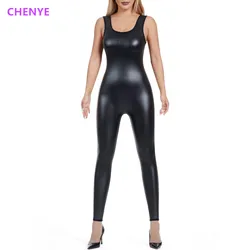 Women's Body Shaper Leather Jumpsuits Sleeveless Bodysuits Waist Trainer Corsets Tight leggings Faux Leather Tank Tops Shapewear