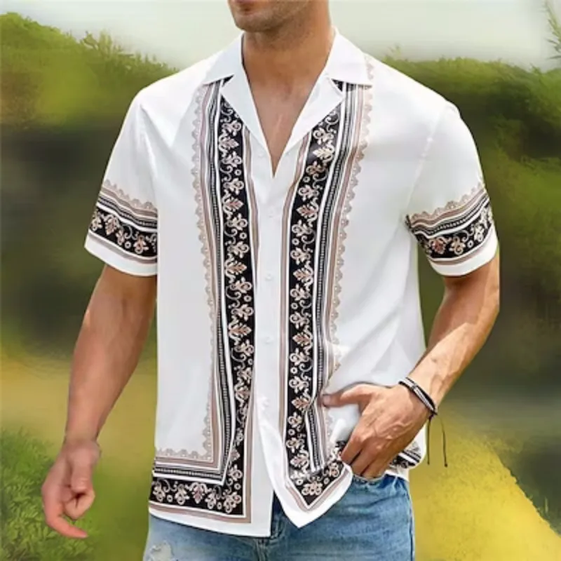 

Men's shirt Graphic Print Geometric Cuban collar Black White Yellow grey outdoor casual short sleeve fashion street wear designe