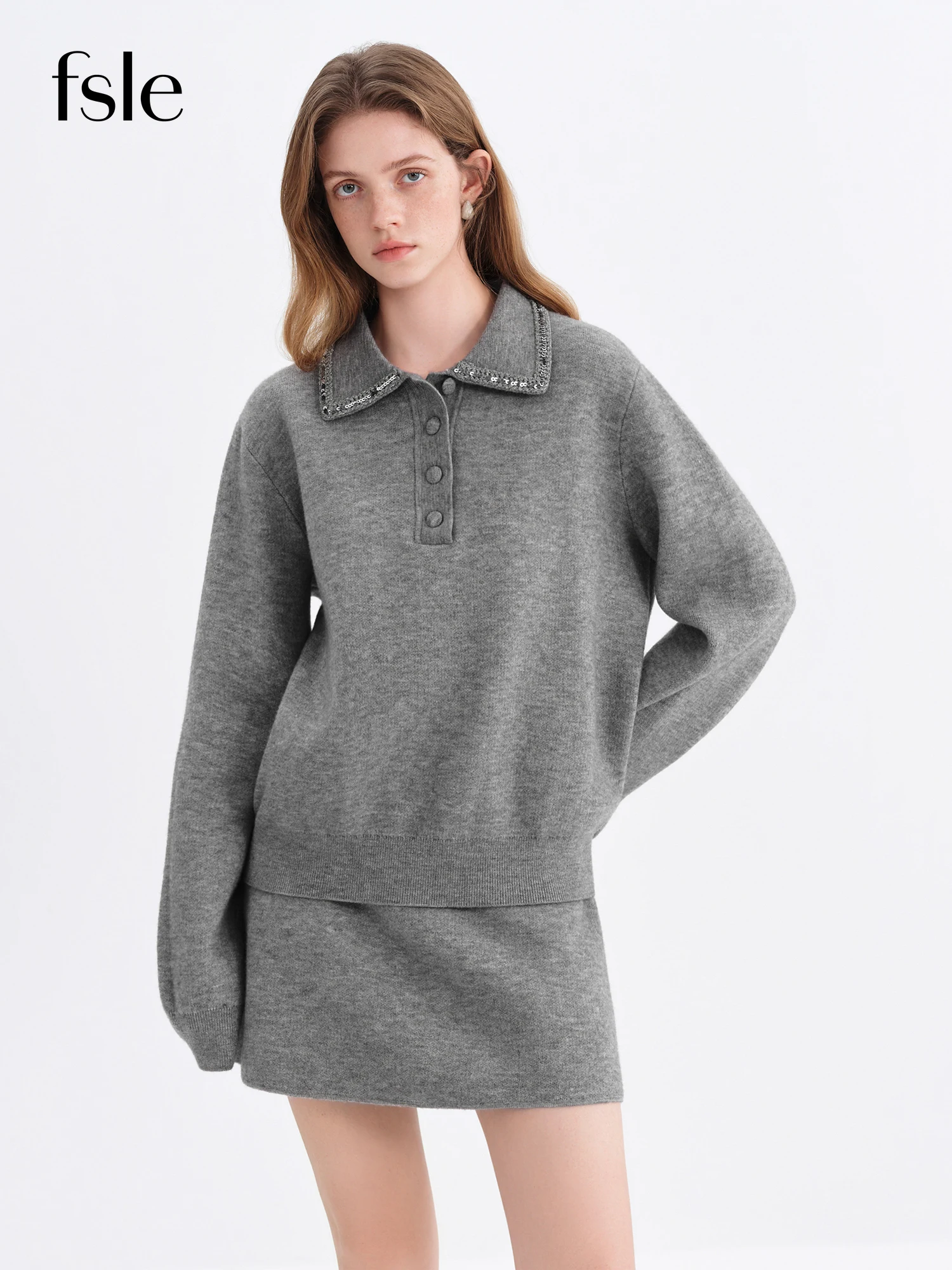 FSLE Autumn Winter 2025 Elegance Starlight Gray Polo Collar Knit Sweater Skirt Set Two-Piece Chic Soft and Versatile Outfit Sets