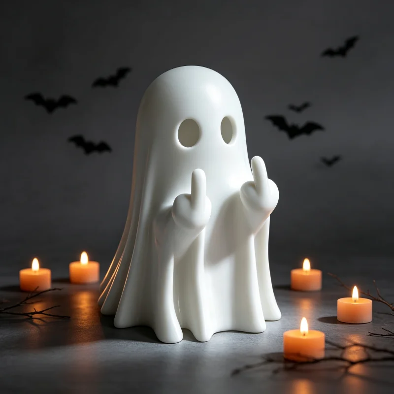 Creative Double Middle Finger Ghost Decorative Statue, Fun White Ghost Ornament for Halloween, Personalized Desktop Accessory, Preferred Holiday Gift for Horror Ghost Enthusiasts