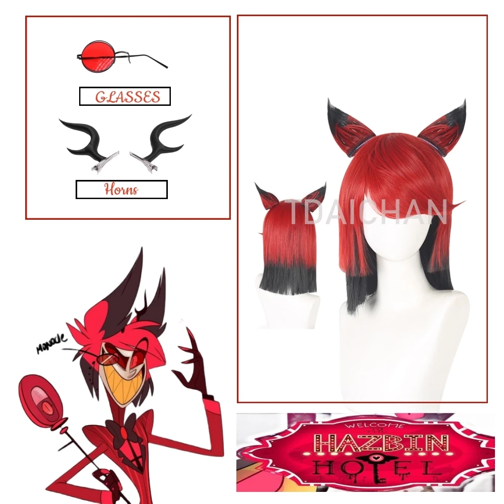 Peluca de Alastor de Anime para hombres, pelo rojo y negro, preprensado, orejas de pelo, gafas, resistente al calor, 2024