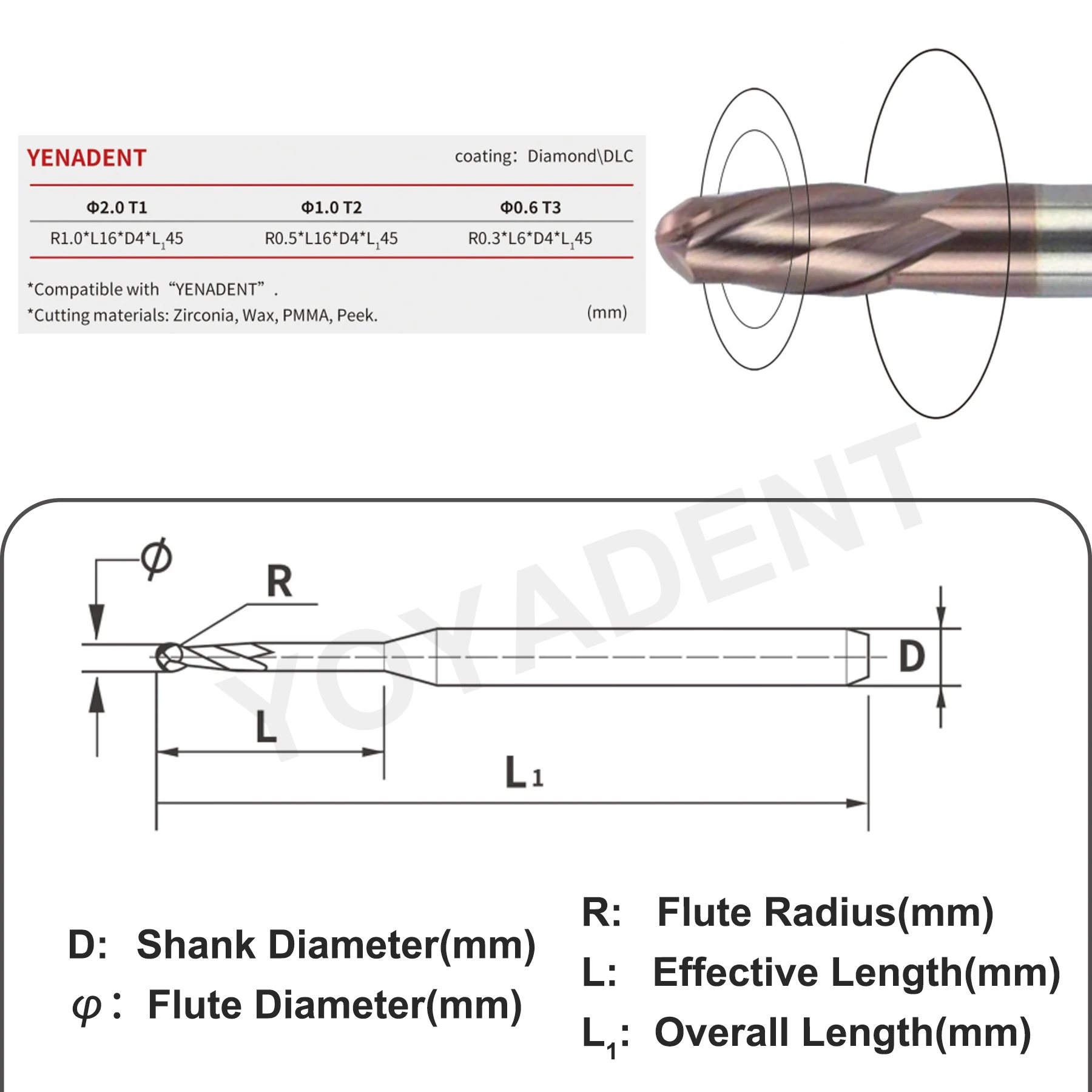 YENADENT Dentalfräser für Zirkonoxidblöcke, 0,6 mm/1,0 mm/2,0 mm Werkzeuge für Zirkonoxid-PMMA-CAD/CAM-Laborfräser – Detail 1