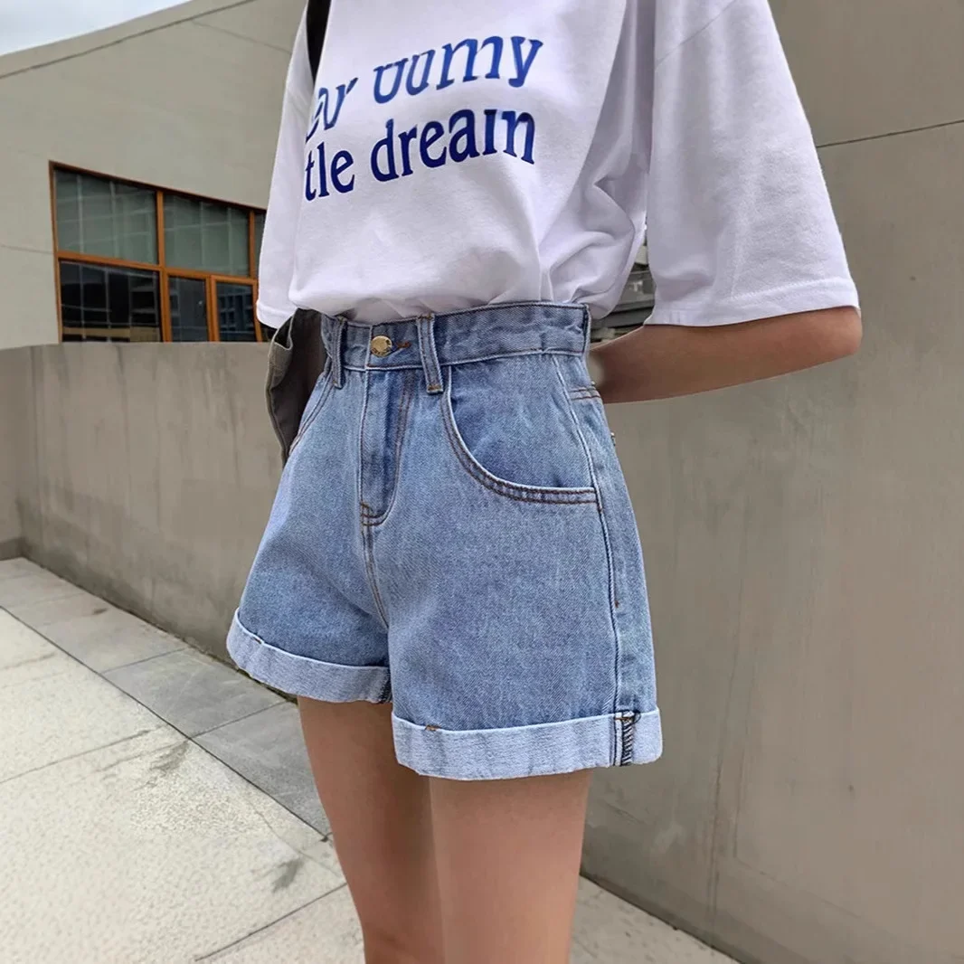 

Джинсовые шорты с высокой талией, женские свободные универсальные утягивающие летние горячие продажи сезона, корейский стиль, широкие брюки с манжетами, модные H