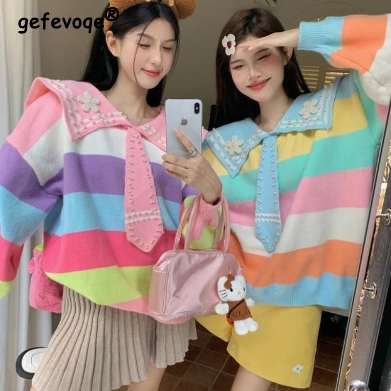 

Женский полосатый вязаный свитер контрастного цвета E-girl Y2K, уличная одежда, милые свободные пуловеры с галстуком из бисера, шикарные топы с длинными рукавами