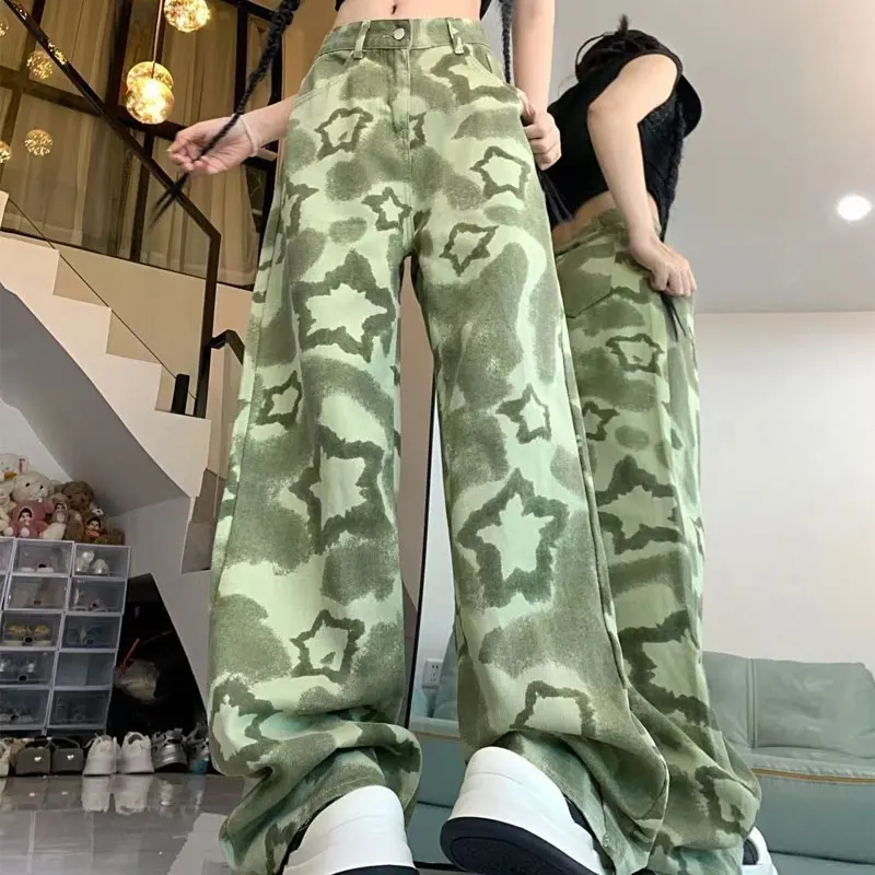 

Spring Autumn Vintage Star Camouflage Jeans American Printed Women's Clothing High Waist Button High Street Chic Loose Trousers