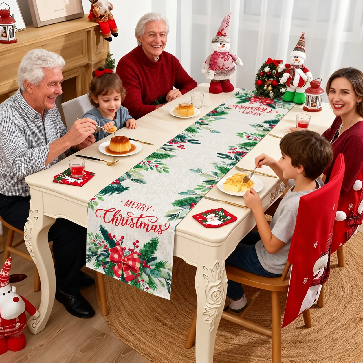 Festive Christmas Table Runner Pine Needle Holly Berries Snowman Table Flag Party Decor Kitchen Dining Anti-stain Table Decor