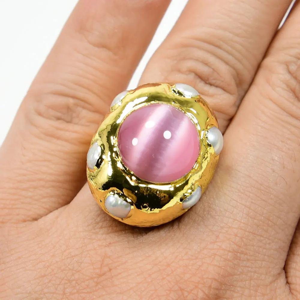 GG Cultured White Pearl Pink Cat Eye Gems Rings Gold Plated Adjustable Ring Fashion Women Jewelry Wedding Gifts