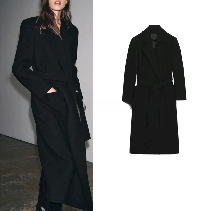 

Новое осеннее женское пальто с длинными рукавами, поясом, воротником с подплечниками, модное, приталенное, для повседневной носки, из полиэфирного волокна