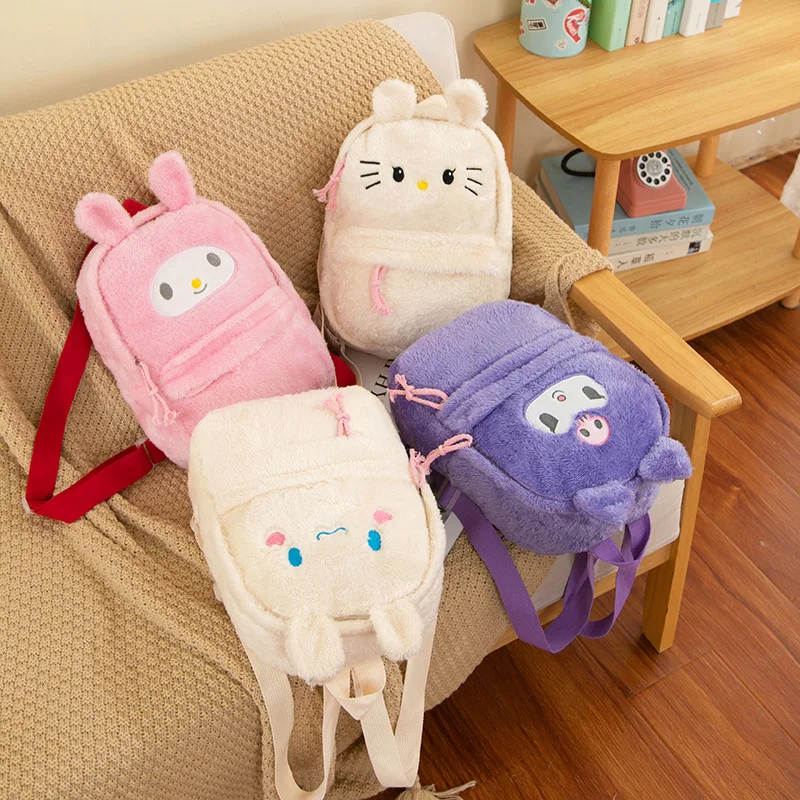 Sanrio Plush Backpack Women Kawaii Hello Kitty Kuromi Mymelody Cinnamoroll Large Capacity Schoolbag Cartoon Cute Girl Travel Bag