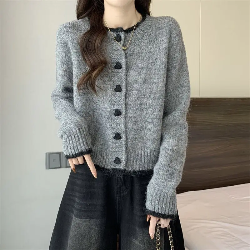 2026 Women Knitted Cardigan Autumn Winter O-Neck Single Breasted Heart-shaped Button Sweater Korean Casual Solid Knitwear Tops