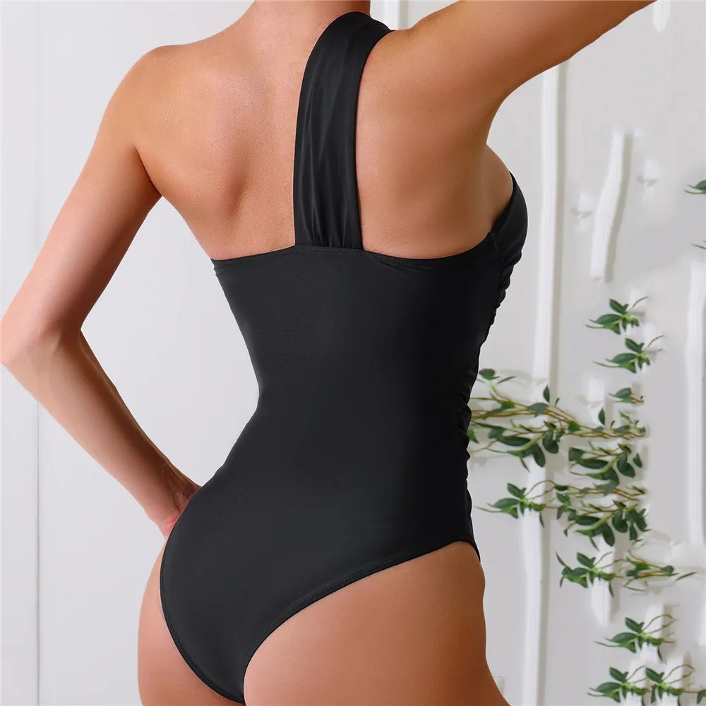 One Shoulder Sexy Black Swimsuit Women One Piece Swimwear 2024 Hollow Out Monokini Cross Bandage Bathing Suit Swimming Wear