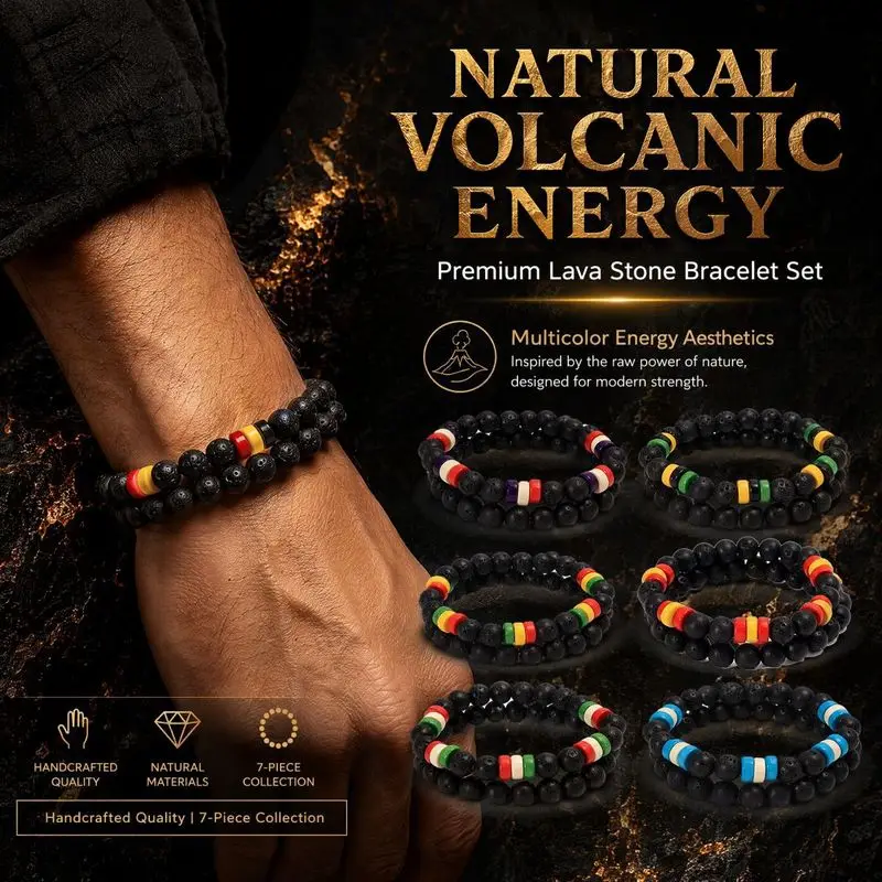 Ensemble de bracelets perlés en pierre de lave naturelle, faits à la main, en pierre volcanique et bois, élastiques, énergétiques, style bohème, bijoux pour hommes, vente en gros transfrontalière