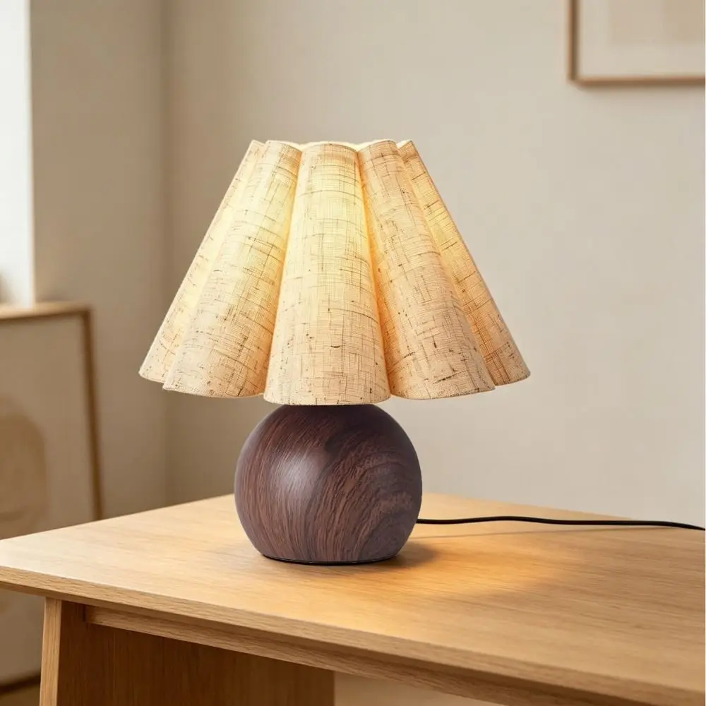 Rechargeable Bedside Lamp Walnut Wood Grain Linen Petal Shade Table Lamp Pleated Shade Warm Ambient Lighting Ambient Night Light