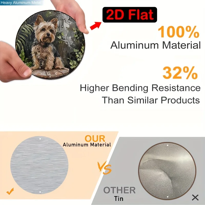 2D Flat - [2D Flat] 1pc Round Aluminum Metal Sign Yorkshire Terrier Dog Print Decor Metal Sign for Kitchen Office Coffee Cafe De