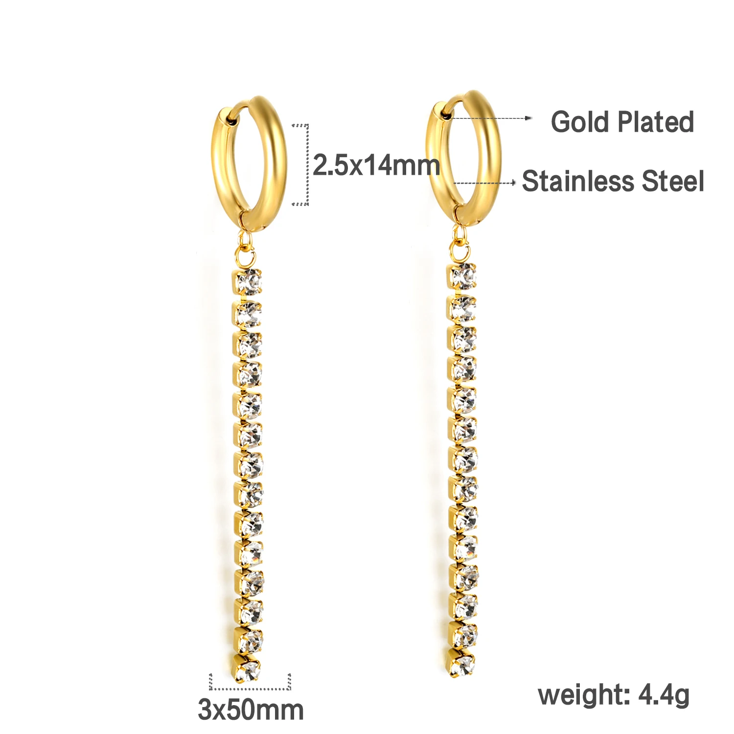 LUXUSTEEL White Zircon Dangle Earrings for Women 14mm Long Tassel Chain Piercing Earring Party Bling Jewelry Gifts