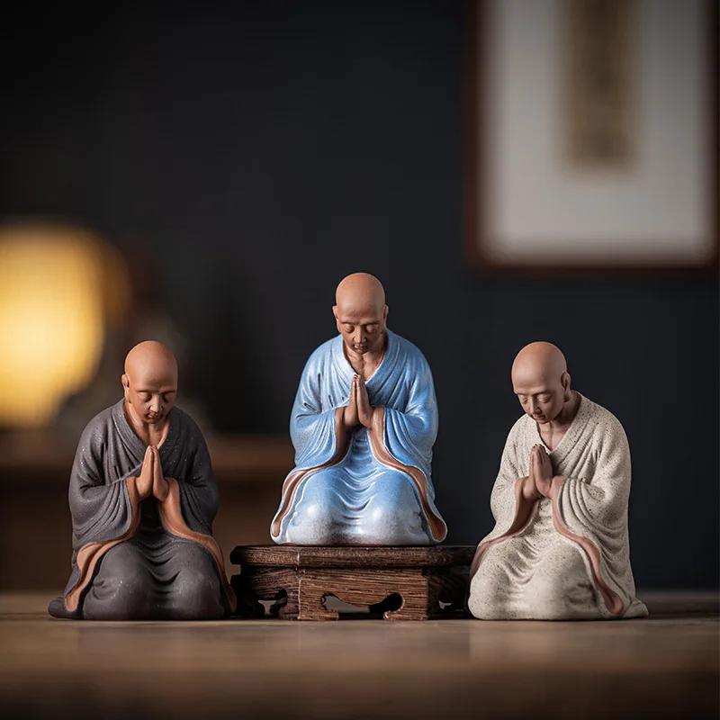 

Chinese Style Purple Sand Small Monk Ornaments Zen Ceramic Figures Living Room Tabletop Decorations Fish Tank Landscaping