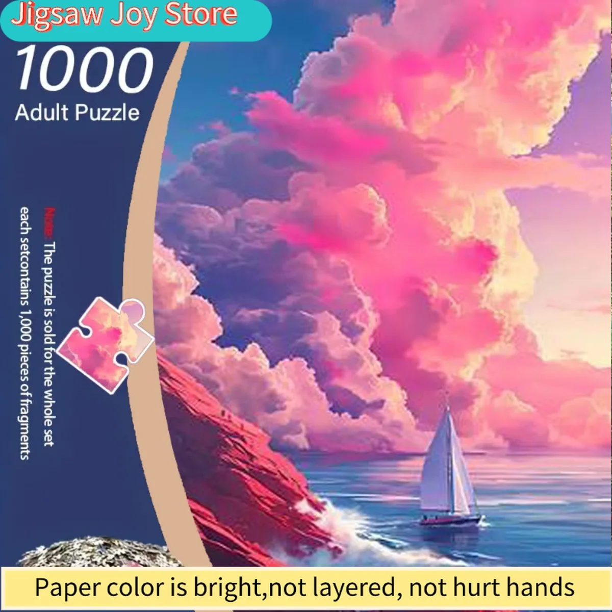 

1000pcs Adult Jigsaw Puzzle - Large Challenge 5D-Style 3D Illusion Ocean Waves & Sailboat with Pink & Purple Clouds, Blue Sea