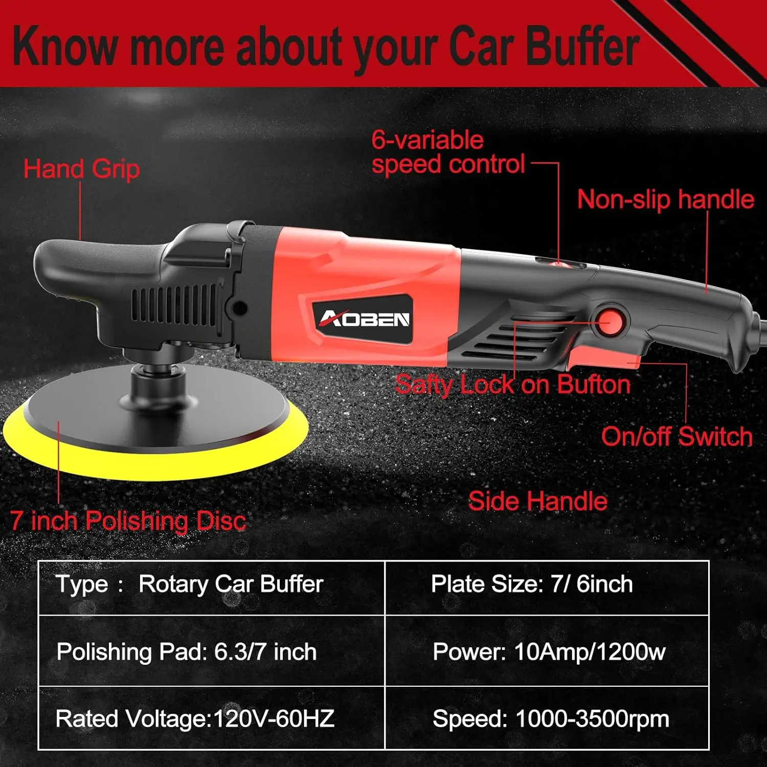 Rotary Buffer Polisher,1200W 6-inch/ 7-inch Car Buffer,Car Polisher Waxer Kit with 6 Variable Speed 1000-3500RPM & 4 Polis