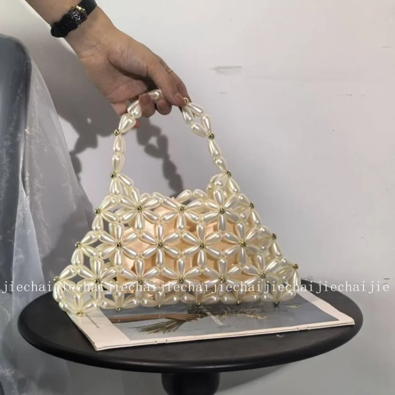 

New Imitation Pearl Design Handmade Bead Ins Elegant Hand-held Banquet Women's Bags Geometric Shoulder Phone Bag Customized