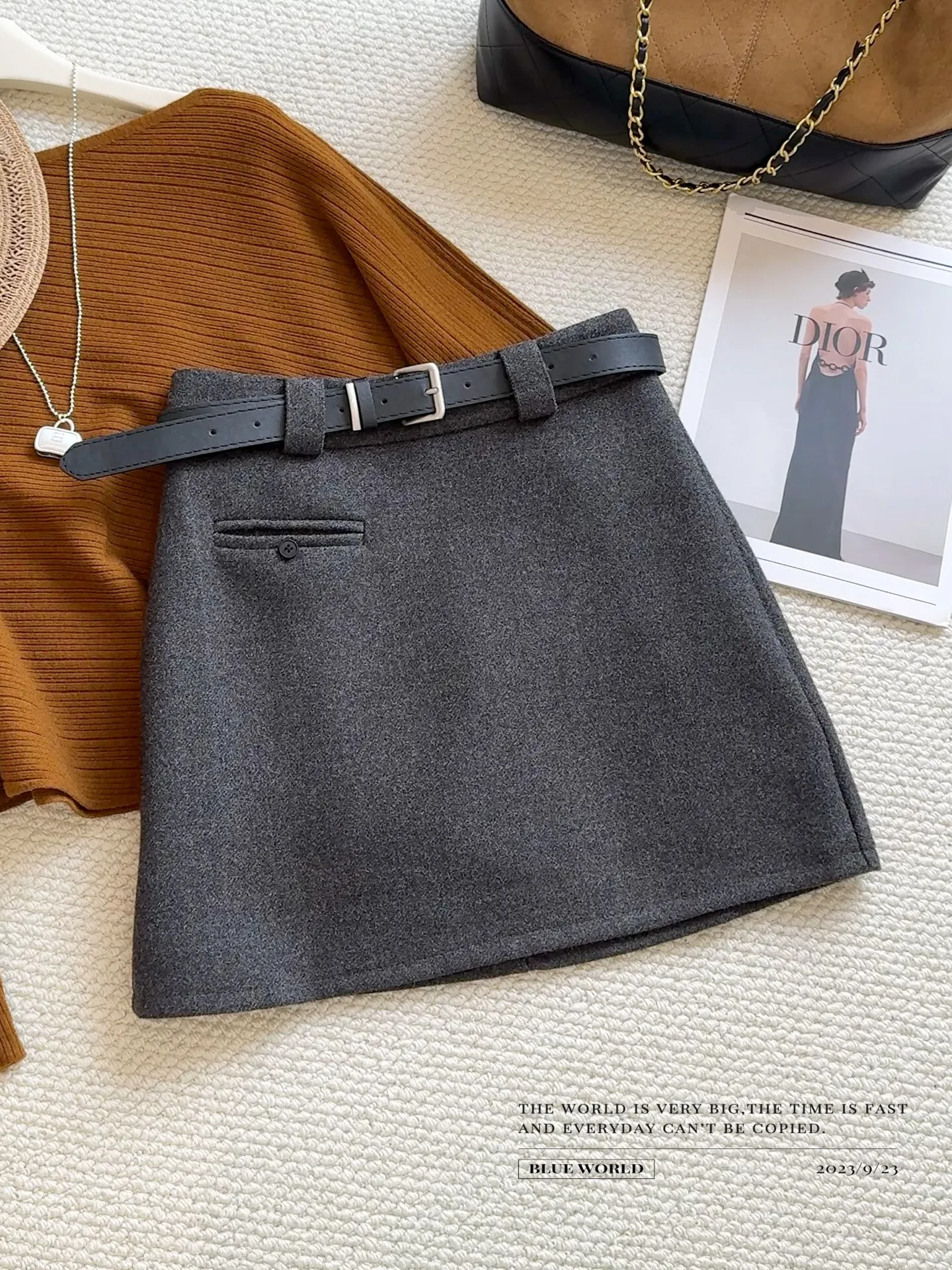 Women Grey Mini Skirt 2000s Vintage Harajuku High Waist A-line Woolen Skirt Korean Style Y2k Gyaru Skirts Clothes Summer Clothes