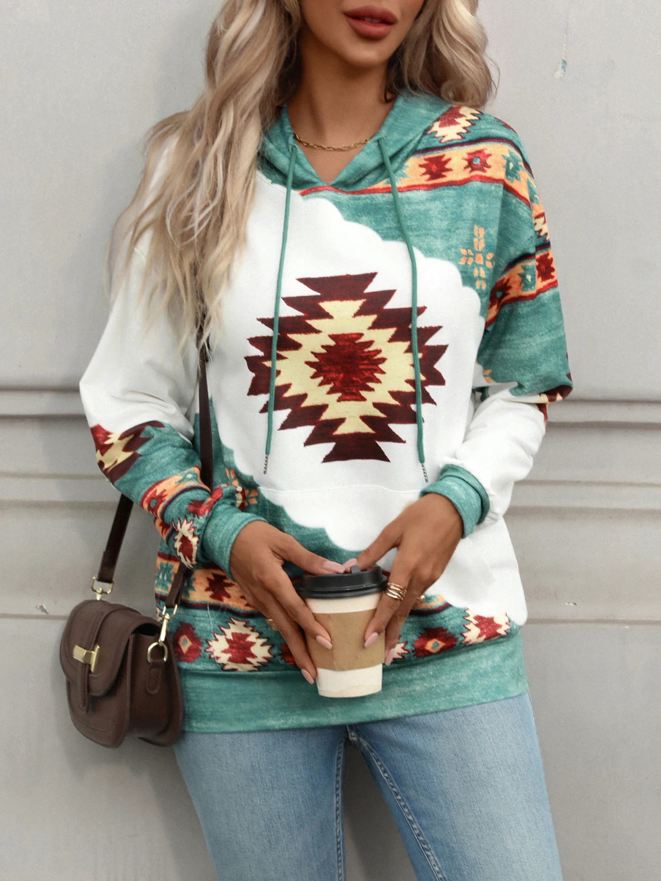 Women's casual fashion round neck pullover hoodie Western ethnic style retro print women's top hoodie