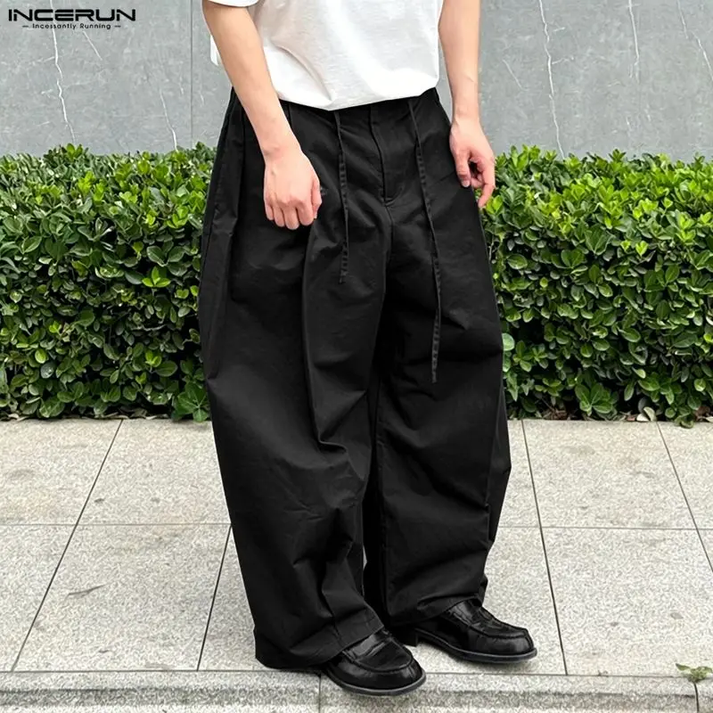 INCERUN Herrenhose, einfarbig, mit Knöpfen, plissiert, locker, lässig, weites Bein, für Herren, Streetwear, Jogger, modische, lässige Herrenhose