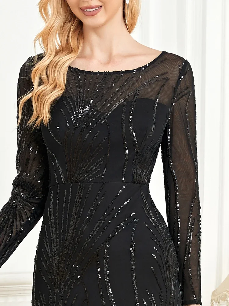 Элегантные черные вечерние платья с длинными рукавами и блестками 2025, женское вечернее платье русалки макси для выпускного вечера, коктейльные выпускные платья