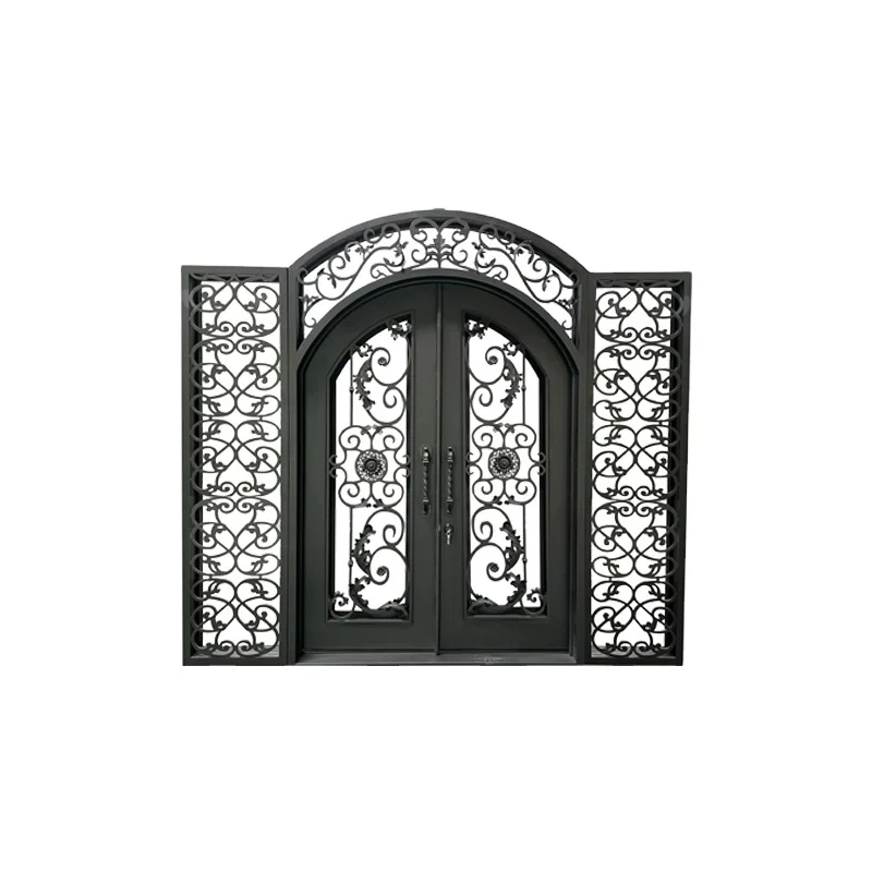 Flower Process Swing Style Customizable High-end Forged Iron Entrance Door Iron Black Glass Steel Living Room Contemporary SY