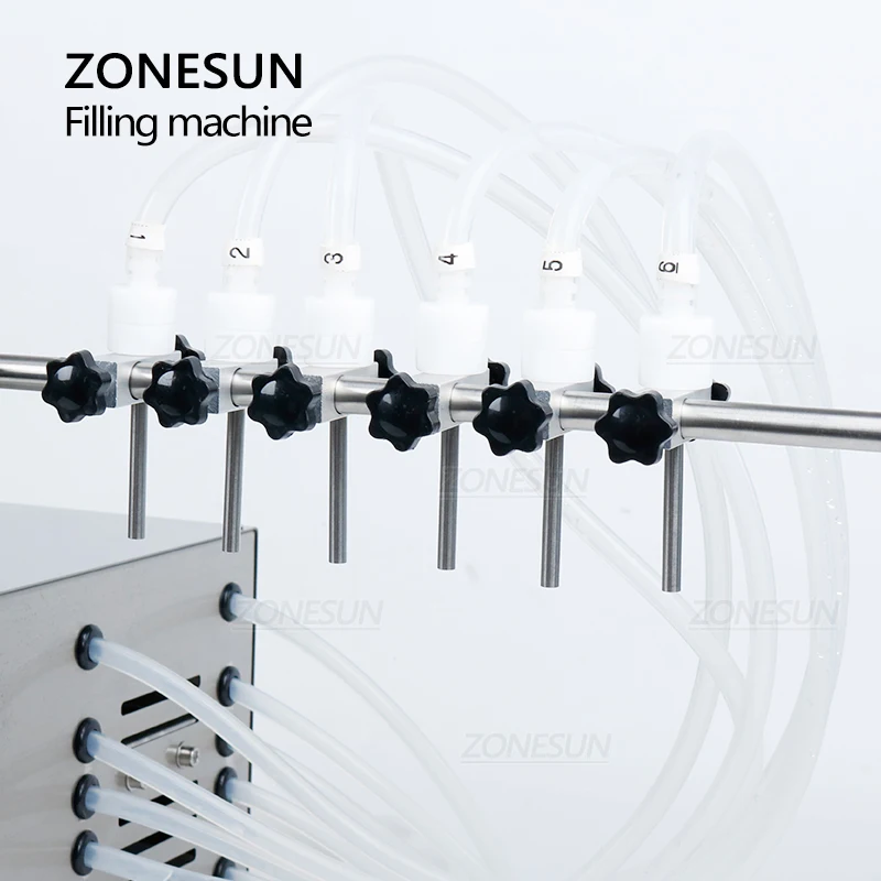 ZONESUN ZS-DPYT6P شبه التلقائي ستة فوهات عصير الحليب السائل ماكينة حشو زيت الماء قنية للأغراض الصيدلانية حشو 50-4000 مللي
