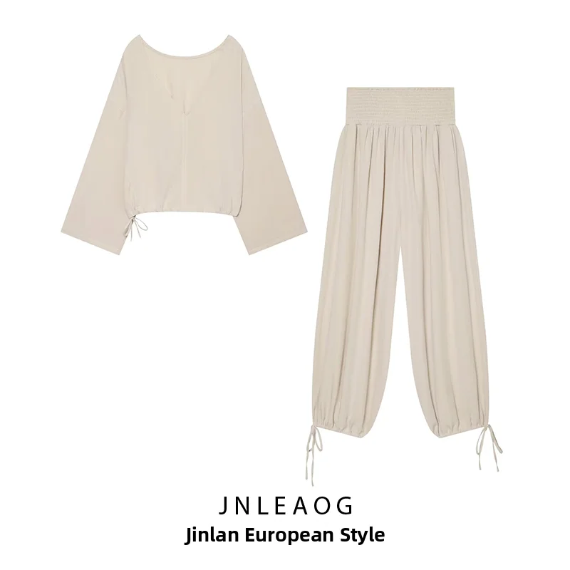 JNLEAOG - Conjunto de Verano para Mujer, Camisa de Moda con Cintura Elástica y Pantalones con Decoración en Capas, Cintura Al...