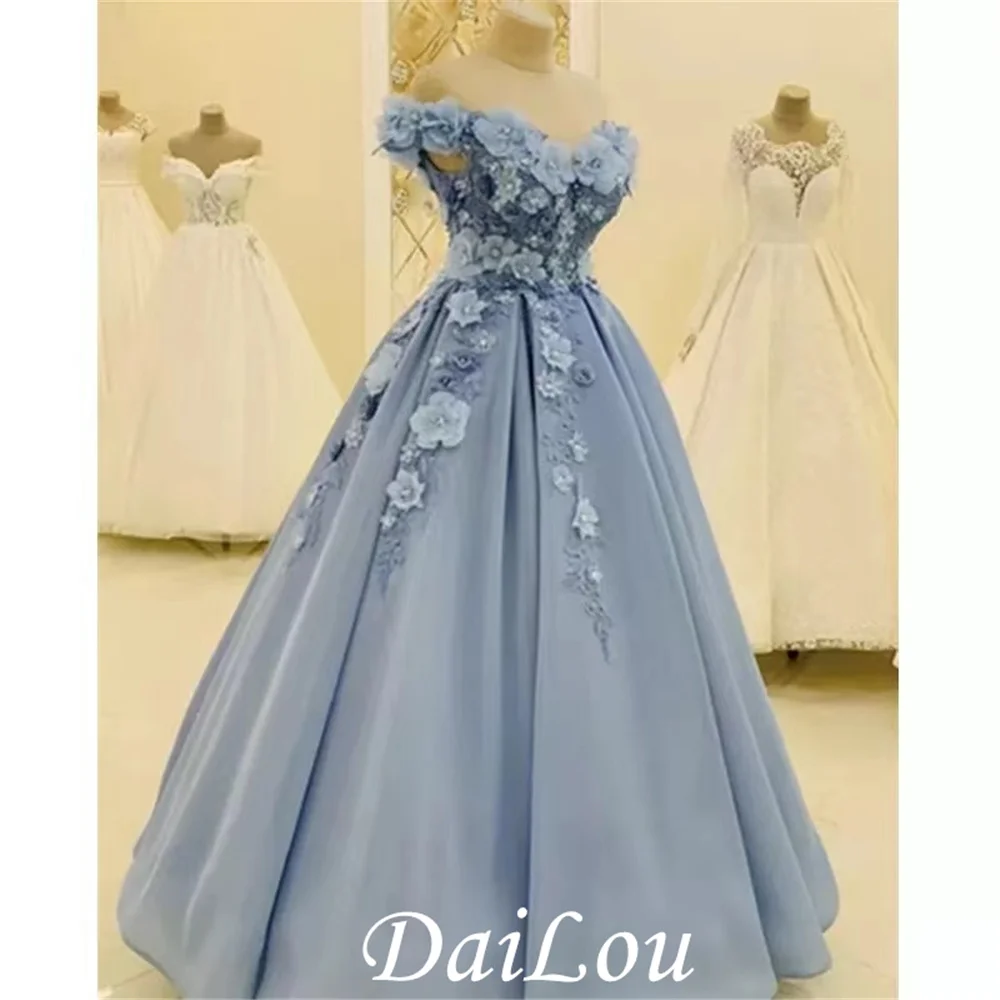 Licht Blauwe Bloemen Prom Dresses Off Shoulder Mouwloze Lange Avond Formele Jassen Party Robes De Soiree Vestidos De Fiesta