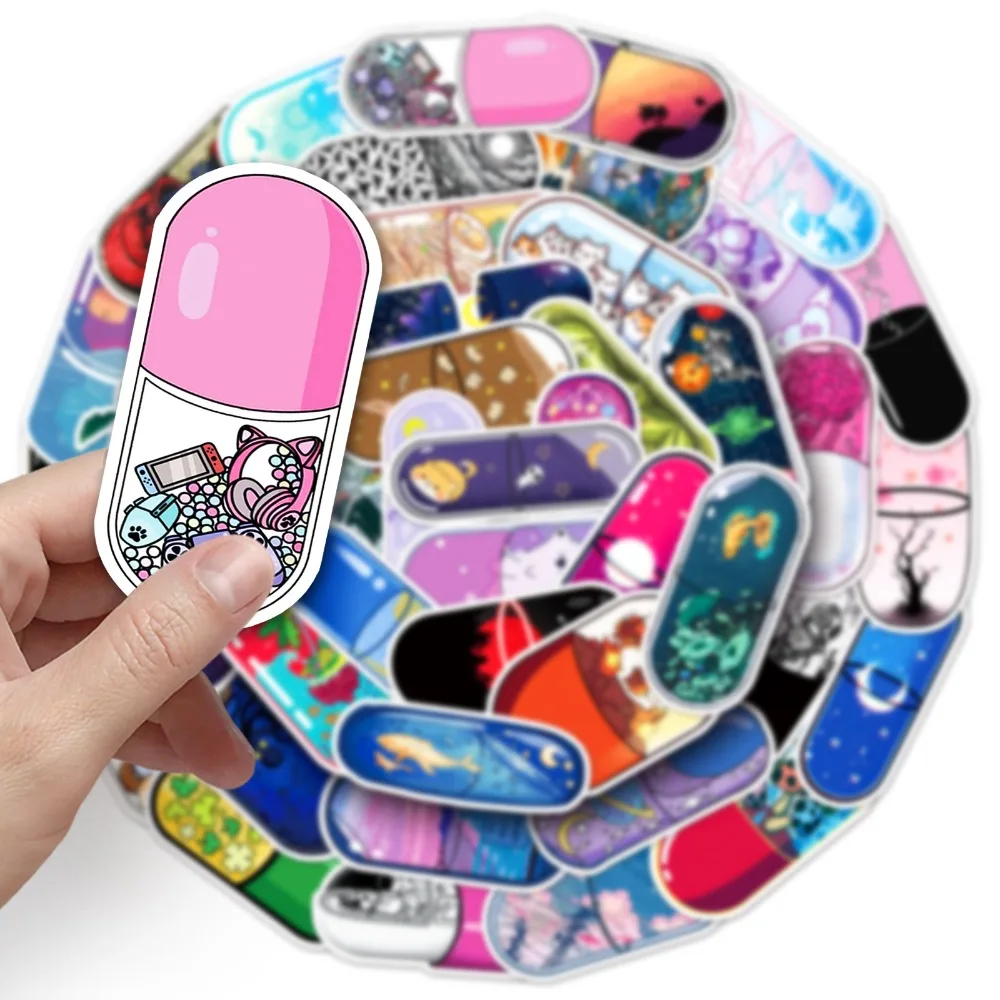 10/50pcs Capsule World Stickers Cartoon Anime Wold in Pills Sticker Decal Aesthetic DIY Stationery Diary Phone Skateboard