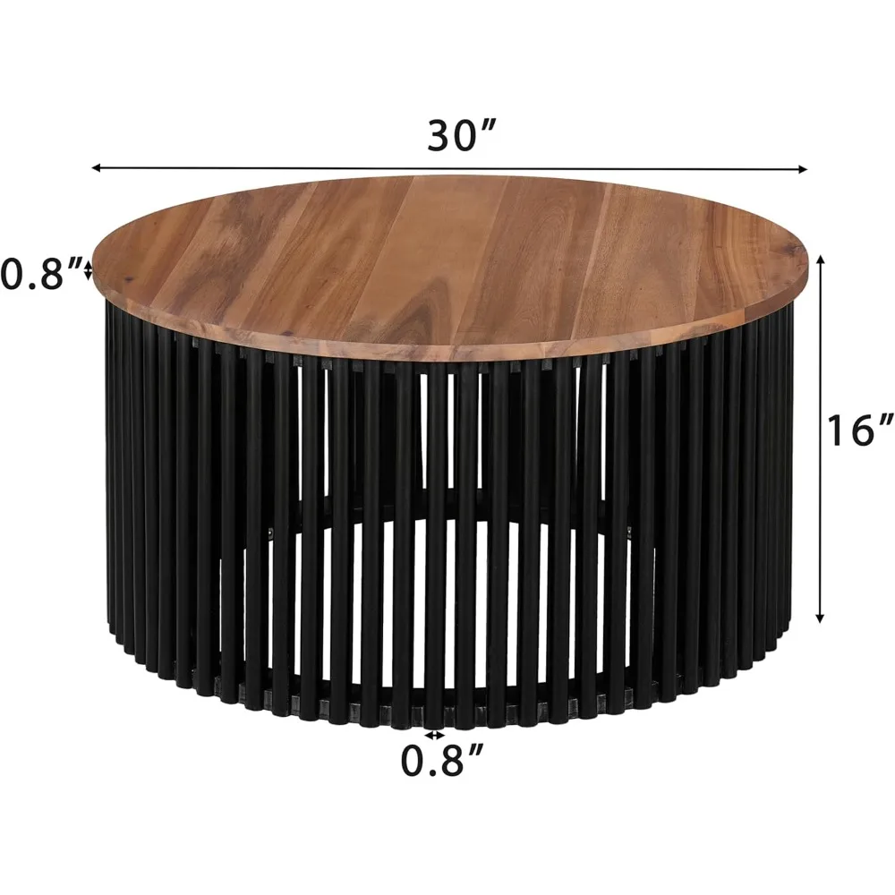 Round Acacia Wood Coffee Table with Wooden Base - Modern Industrial Style Accent Table for Indoor and Outdoor Living Spaces, Per