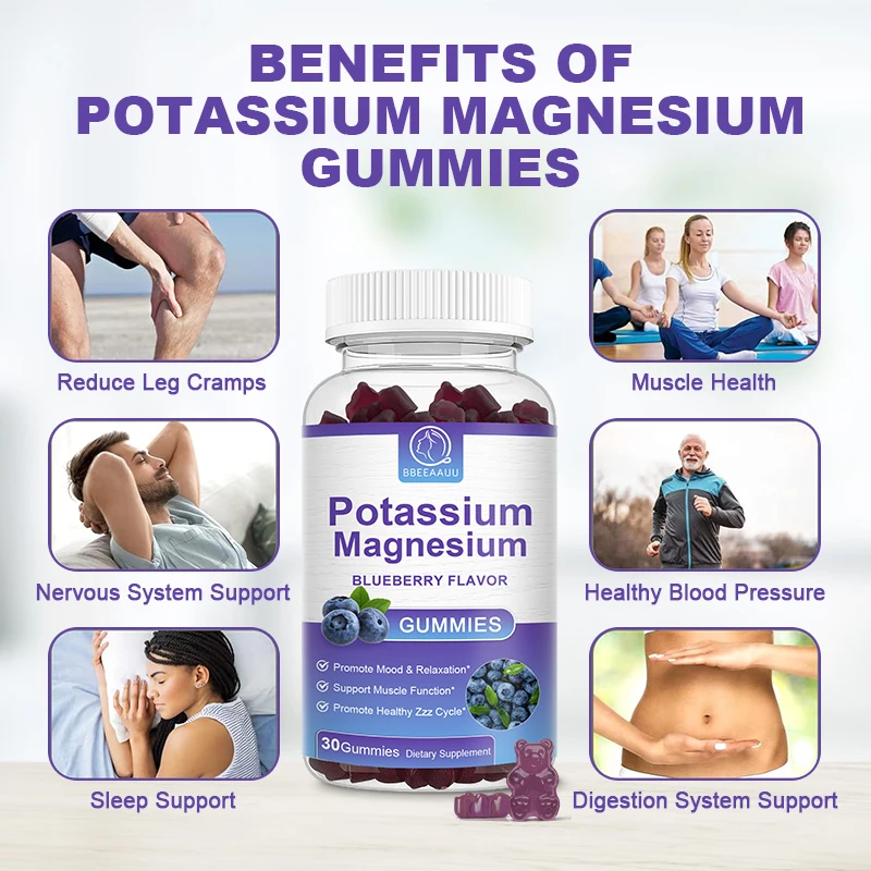 BBEEAAUU Potassium Magnesium Gummies for Leg Cramps & Muscles Health Sleep Better Nervous System Health Balanced Blood Pressure