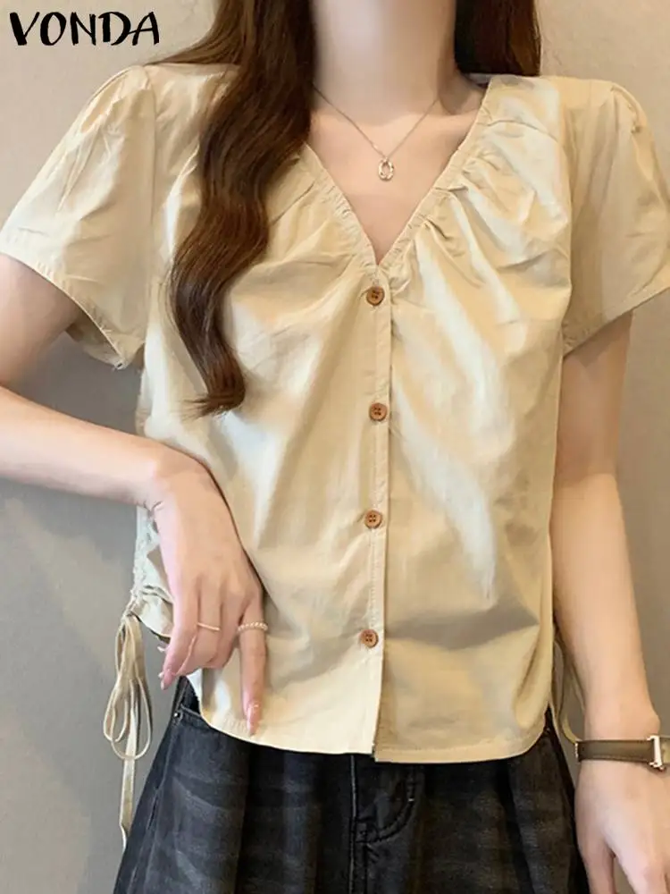 VONDA Women Tunic Fashion Shirts 2024 Summer Short Sleeve Drawstring Pleated Tops Buttons Sexy V-Neck Solid Color Casual Blouse