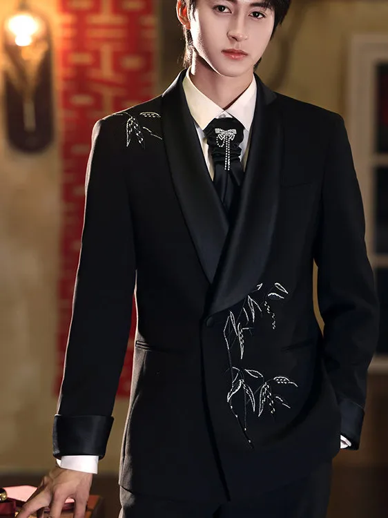 

Новый китайский свадебный костюм для мужчин: ретро-формальная одежда для банкетов, церемоний и традиционных торжеств, из полиэфирного волокна