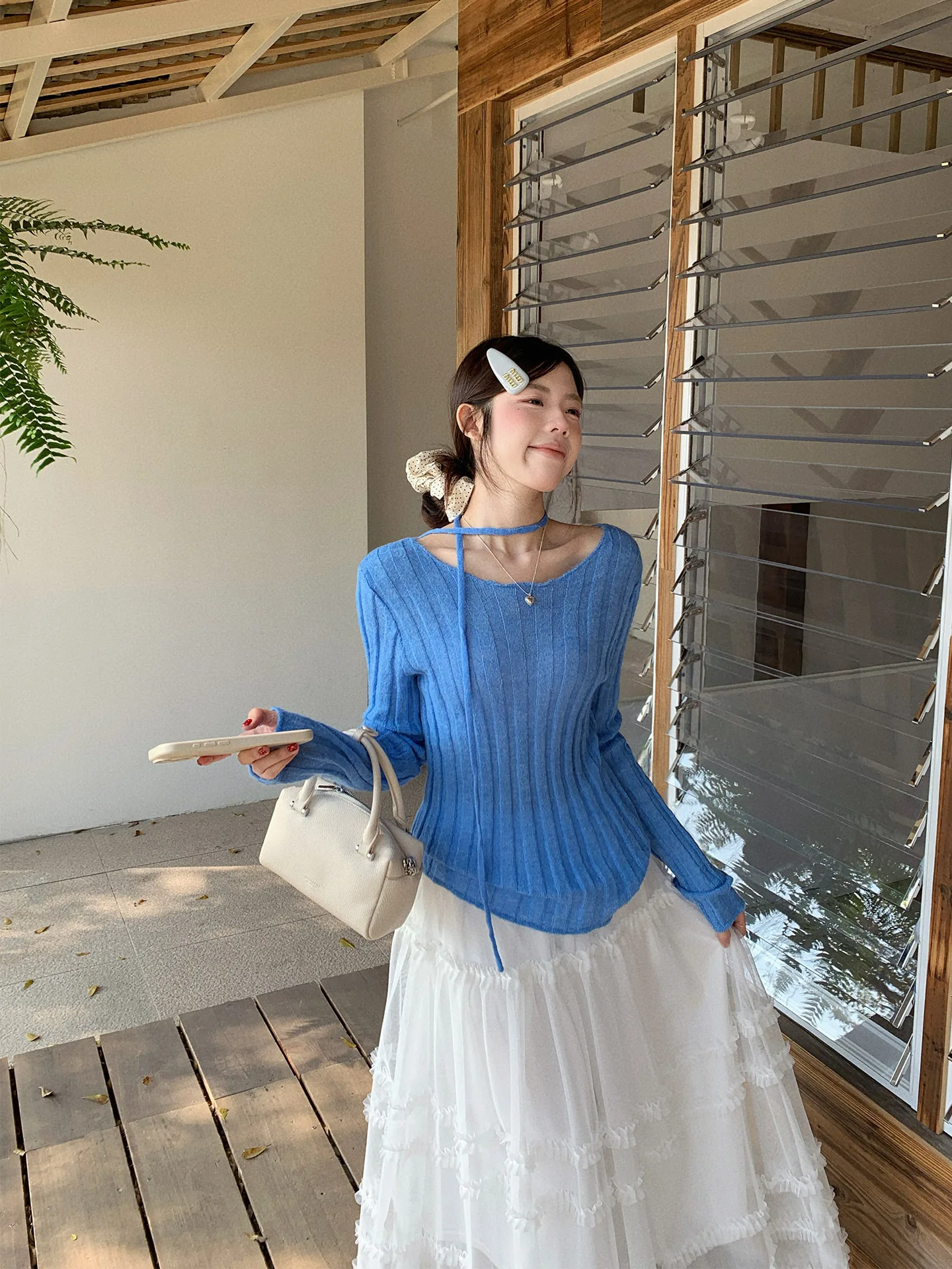 

Unique Beautiful Knitted Top Women's Thin Belted Style Korean Fashion Soft Long Sleeve round Neck UV Protection Spring New Ar...