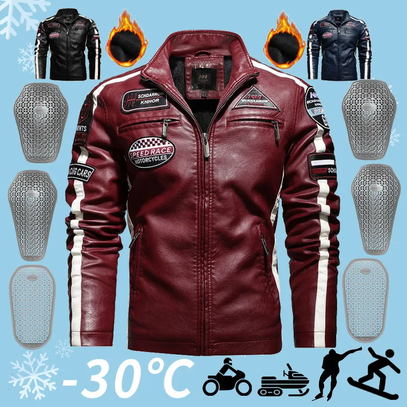 Mens Vintage Motorcycle Jacket 2022 Men Fashion New Biker Leather Jacket Male Embroidery Bomber Coat Winter Fleece Pu Overcoat