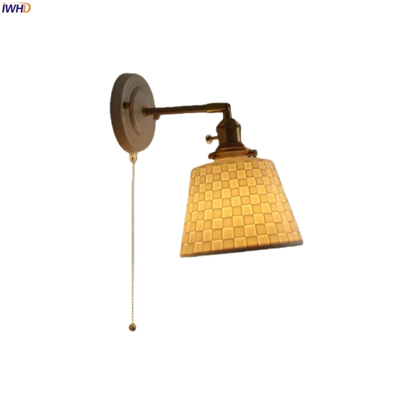 

IWHD Nordic Minimalism LED Wall Lamp Indoor Bedroom Home Decor Pull Chain Switch White Ceramic Porch Living Room Lights Arandela