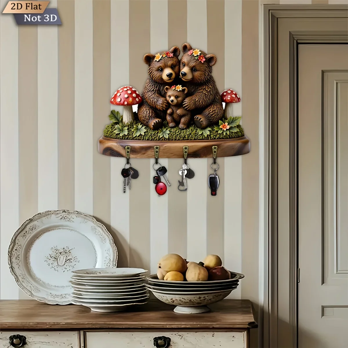 2D Flat, 1pc, Fairy Tale Forest Bear and Mushroom Themed Style Key Hook, Wooden Multi-functional Home Key Hanger, with four