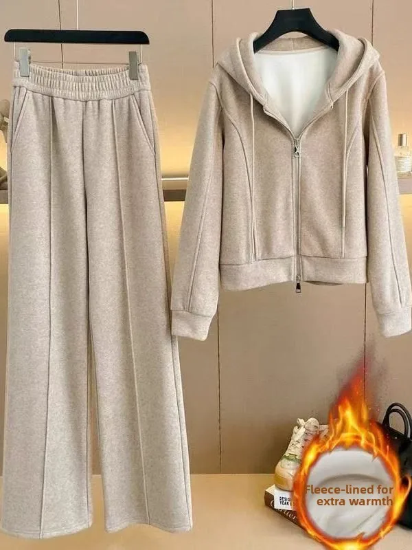 

Повседневный комплект спортивной одежды премиум-класса, женский весенне-осенний комплект 2026, утягивающая толстовка с капюшоном на подкладке, широкие брюки, комплект из двух предметов