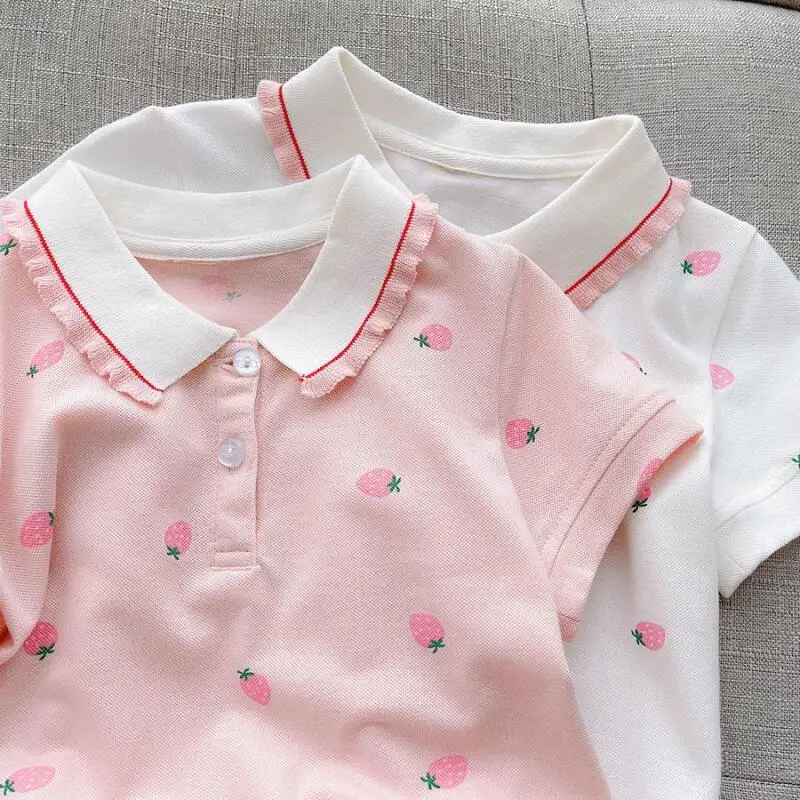 Summer Children's Clothing Cute Girl's Strawberry Print Short Sleeved Cotton T-Shirt Fashion Versatile Tops Kids School T-Shirt