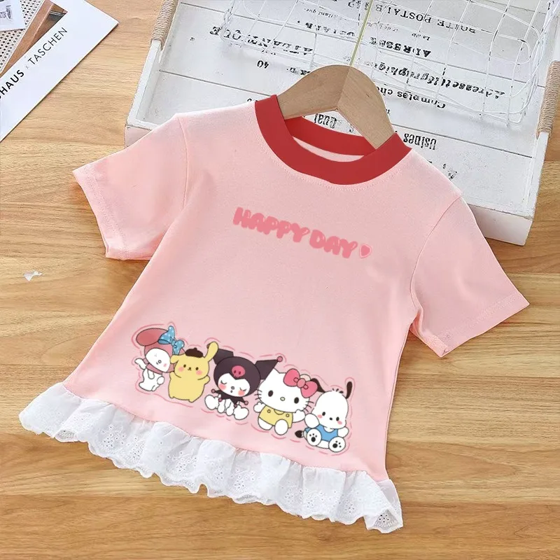 

Summer Sanrio Hello Kitty Cinnamoroll Anime Kawaii Ins Children Print Short Sleeve Shirt Cute Cotton Lace Hoodie Clothes Gifts