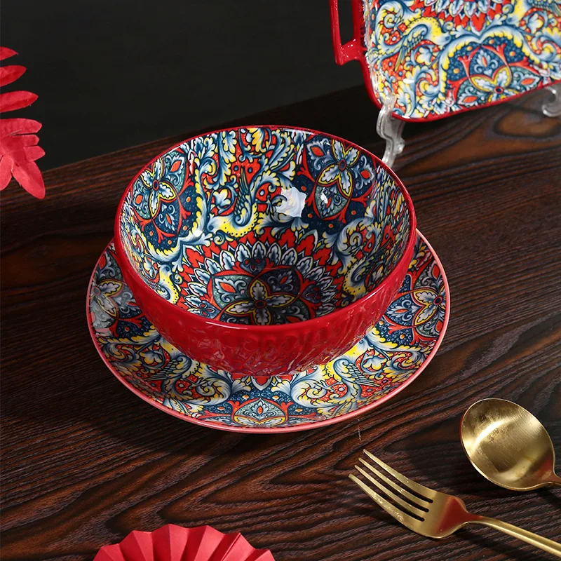 Bohemian style deep red wave ceramic tableware exotic style underglaze color plate handle plate rice bowl tree pattern soup bowl