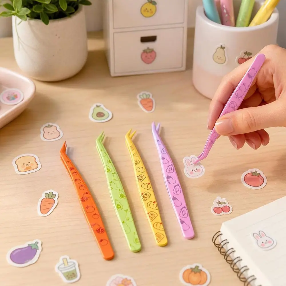 Stainless Steel Curved Stickers Tweezers High Precision With Leather Case False Eyelash Tweezers Anti-static Cartoon Fruits