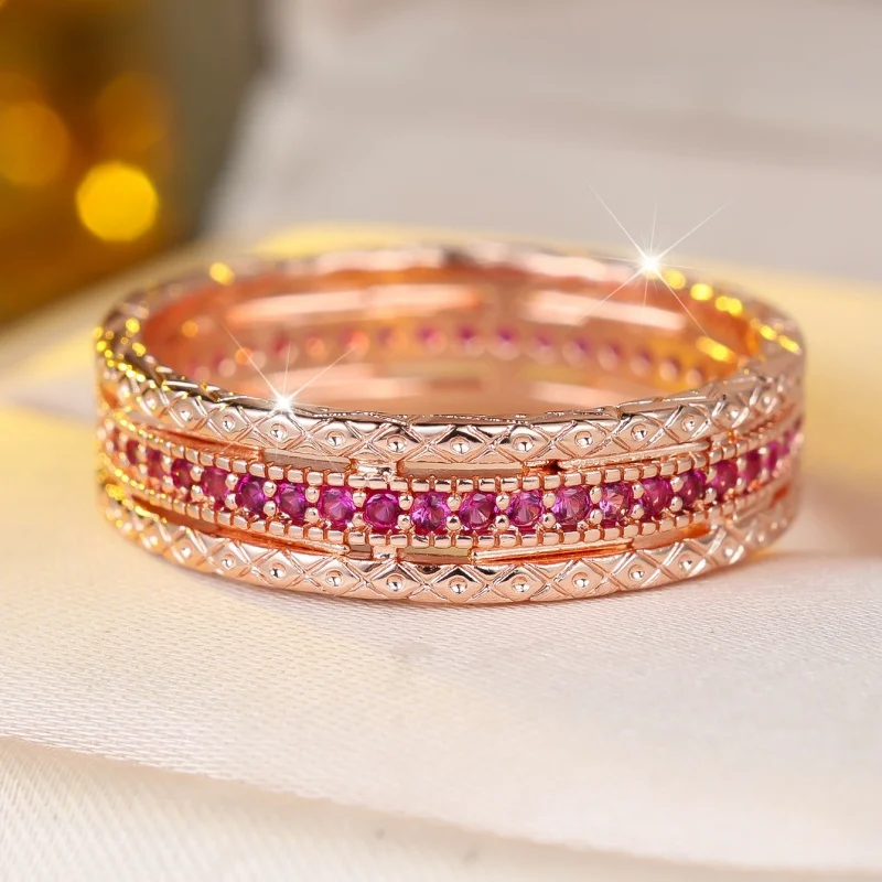 Vintage Patterned Red Corundum Diamond Ring with Dense Zircon Inlay, High-end Antique Style Versatile Commuting Women's Jewelry